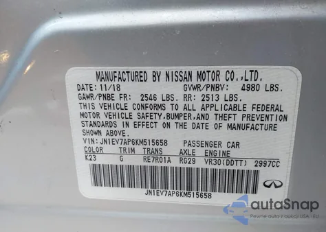 2019 Infiniti Q50 3.0T Luxe z USA, uszkodzony, nr VIN JN1EV7AP6KM515658